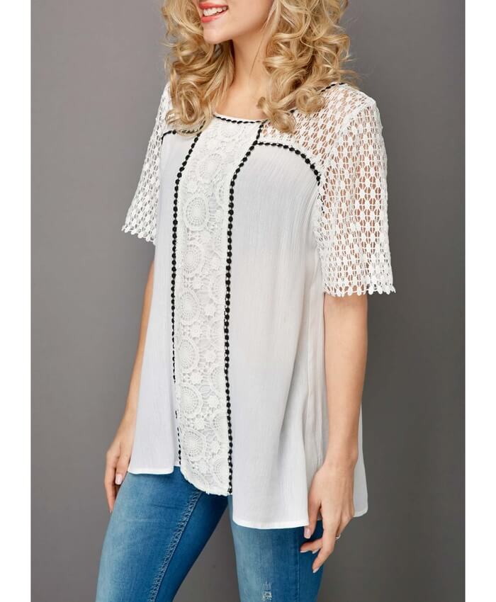 Round Neck Patchwork Short Sleeve Blouse